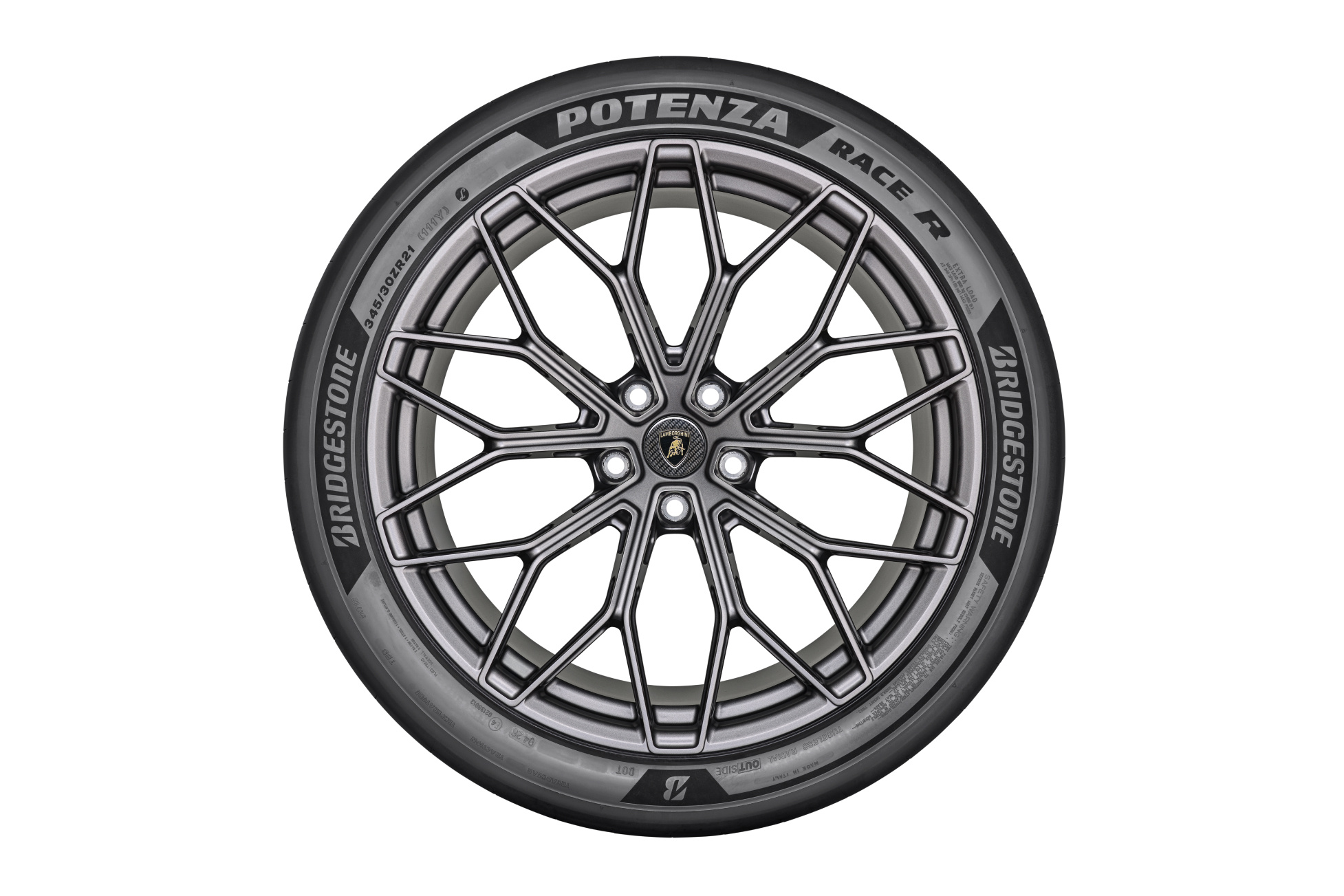 Bridgestone Potenza Race R rear tyre, 345/30 ZR21, on a Lamborghini Revuelto SV wheel